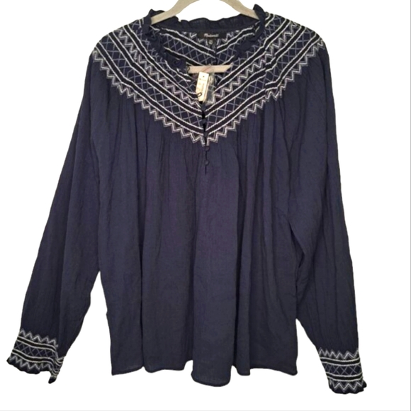 NEW Madewell Navy Blue Smocked Embroidered Long Sleeve Blouse Plus Size XXL - Picture 1 of 7